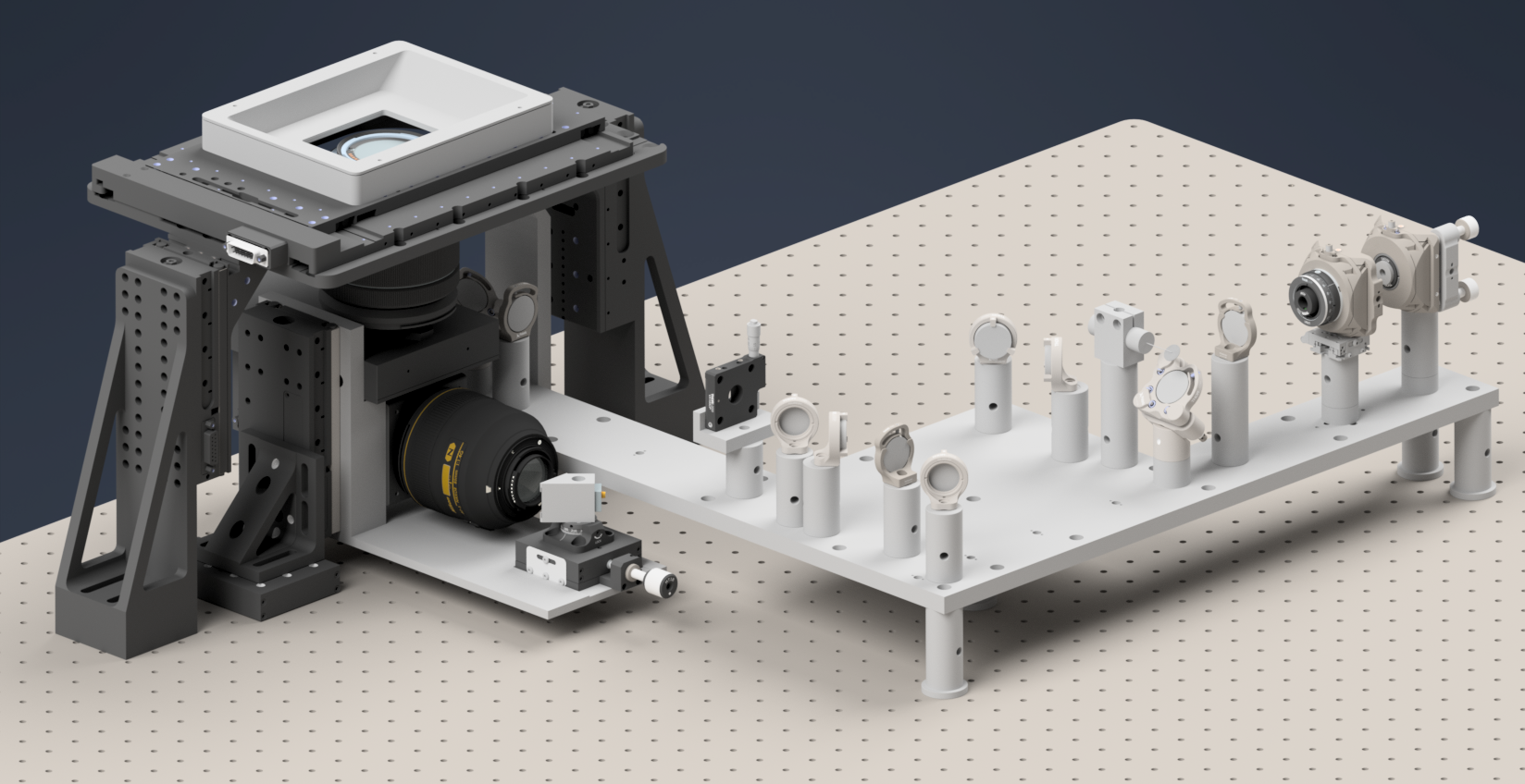 Final assembly of the stage with the detection module mounted on it, and the stage placed over the illumination train.
