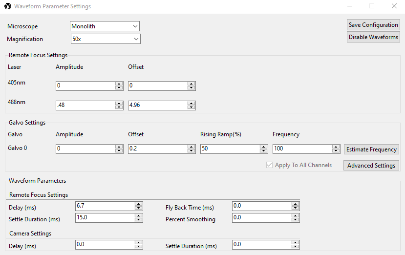 waveform parameters panel in navigate