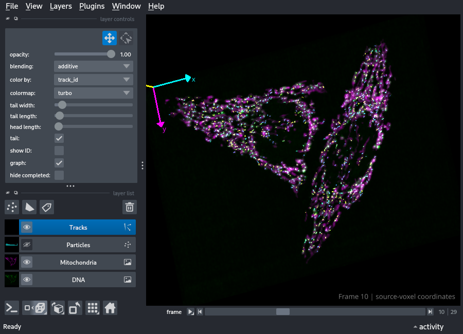 Napari interface displaying a 3D view with image, particle, and track layers