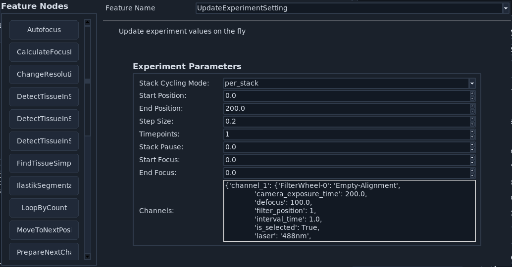 UpdateExperimentSetting channel selection parameters.