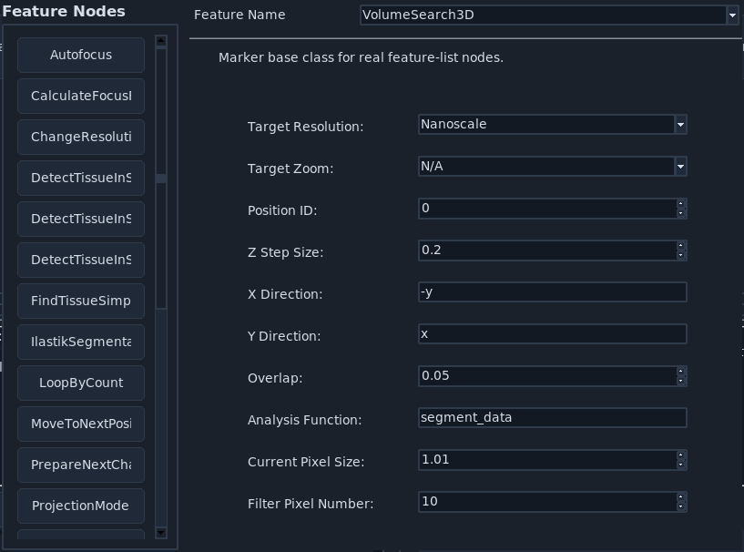 VolumeSearch3D detection and target microscope parameters.