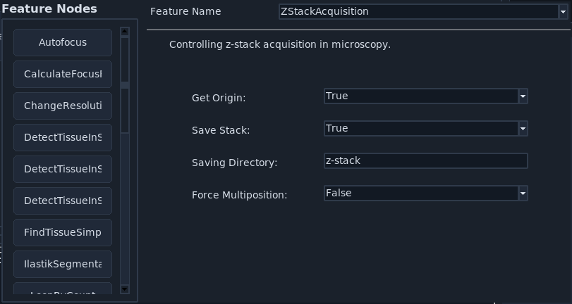 ZStackAcquisition parameters and save directory.
